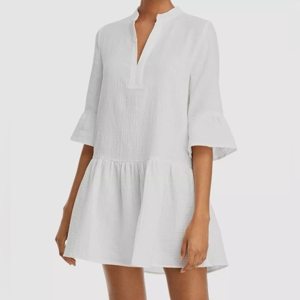 MONROW WHITE GAUZE COTTON DROP WAIST RUFFLED MINI DRESS SZ L